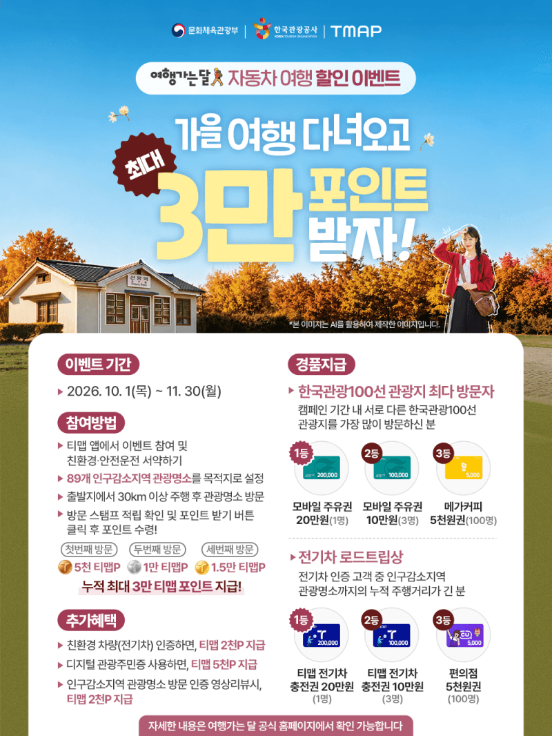 인구감소지역 30km 달리면 3만 포인트…티맵과 함께하는 가을 여행