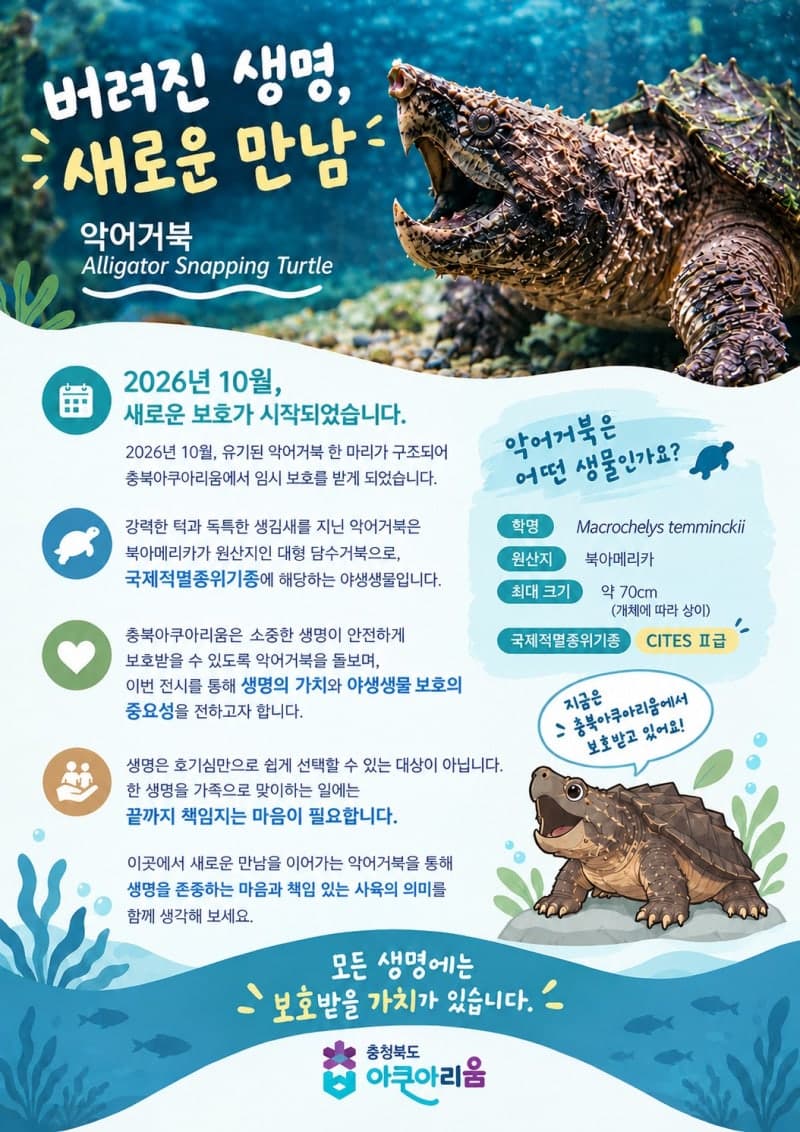멸종위기종이자 생태계교란생물인 악어거북, 충북아쿠아리움서 특별 전시